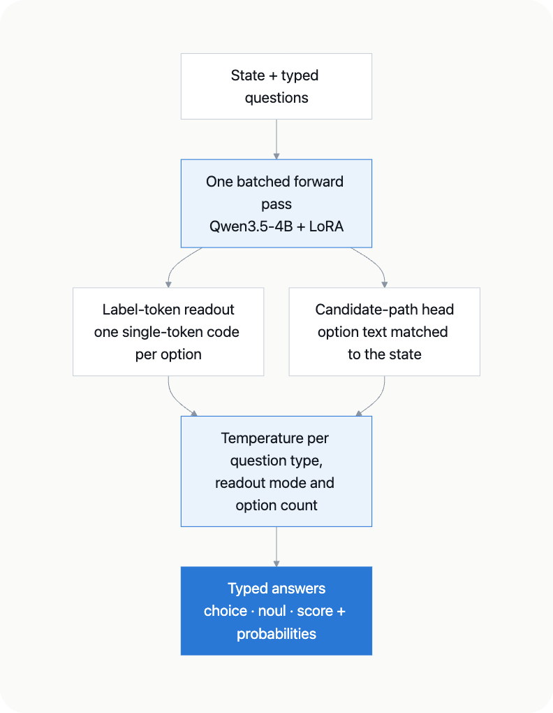 State and questions go through one forward pass, then label-token readout or the candidate-path head, then per-bucket temperatures, then typed answers